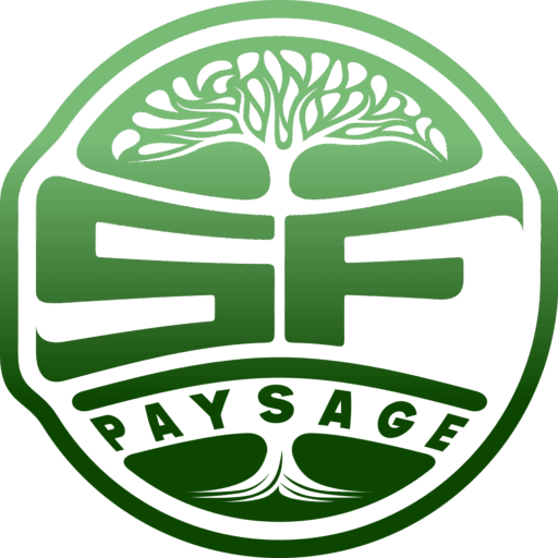 Logo vert forêt : un arbre stylisé au-dessus des lettres 'SF' massives, avec 'PAYSAGE' inscrit en arc dans la partie inférieure.