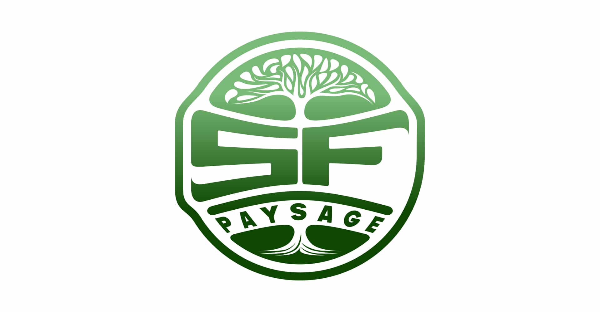 Logo ovale vert avec les lettres "SF" stylisées, un arbre en silhouette blanche en haut et le texte "PAYSAGE" en bas, évoquant l'aménagement paysager.