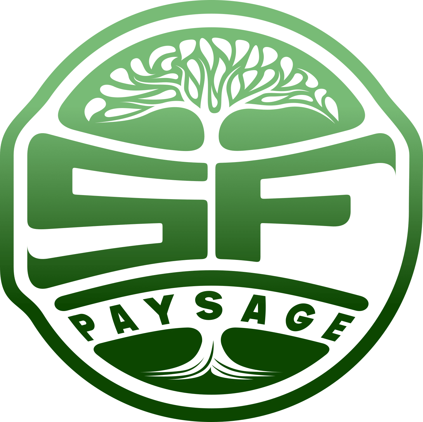 Logo circulaire vert foncé avec un arbre stylisé en haut, les lettres 'SF' en grand au centre, et le mot 'PAYSAGE' en bas.
